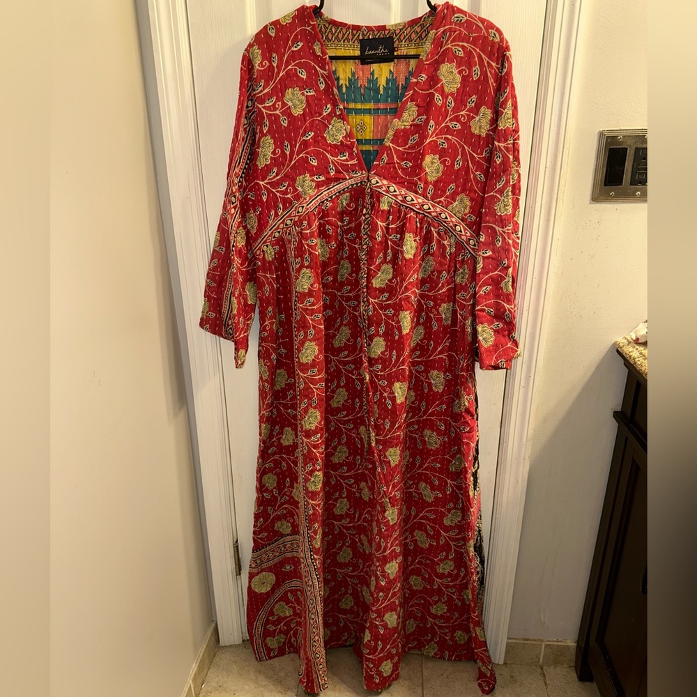 Kaantha Karma Red Floral Kantha Maxi Dress